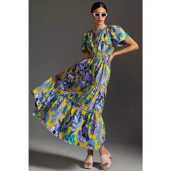 Anthropologie Somerset Maxi Dress Size Small Yellow Purple Floral Printed Cotton - Picture 1 of 7